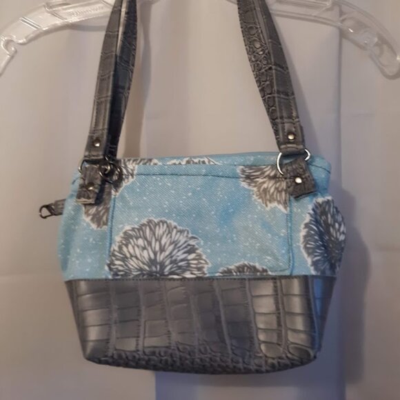 New Vinyl Double handle Shoulder Satchel Bag Purse Blue Gray Dandelion Floral - Picture 4 of 14